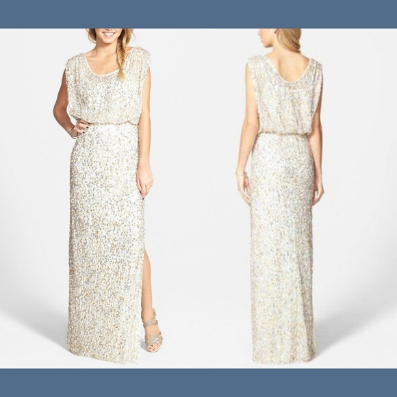 NWT JS Collections Blouson Bodice Sequin Mesh Gown in Gold/Silver [SZ‎ 4 ] - Picture 1 of 11